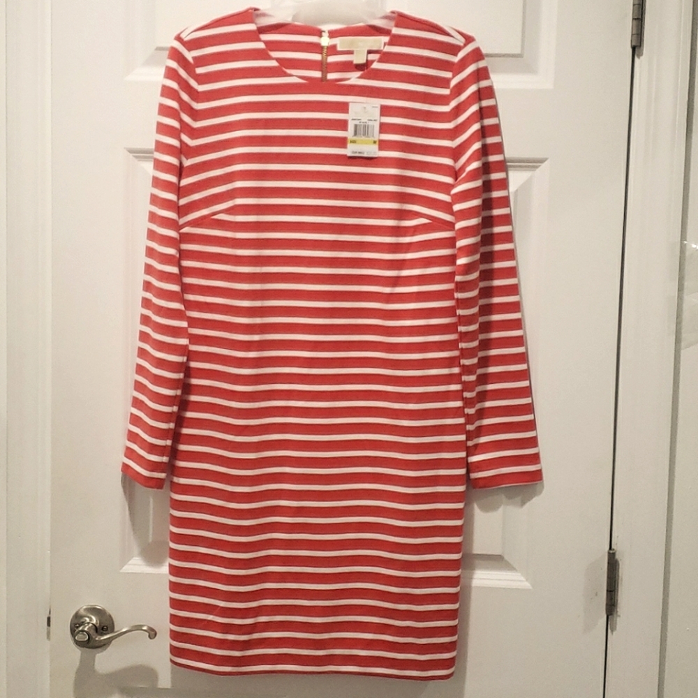 NWT Michael Kors Coral Ivory Striped Knut Dress M